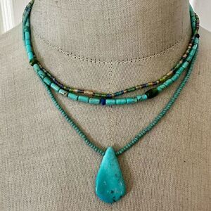 Natural Turquoise + Lapis + Green Stone Multi-Strand Necklace w/ Teardrop Pendan